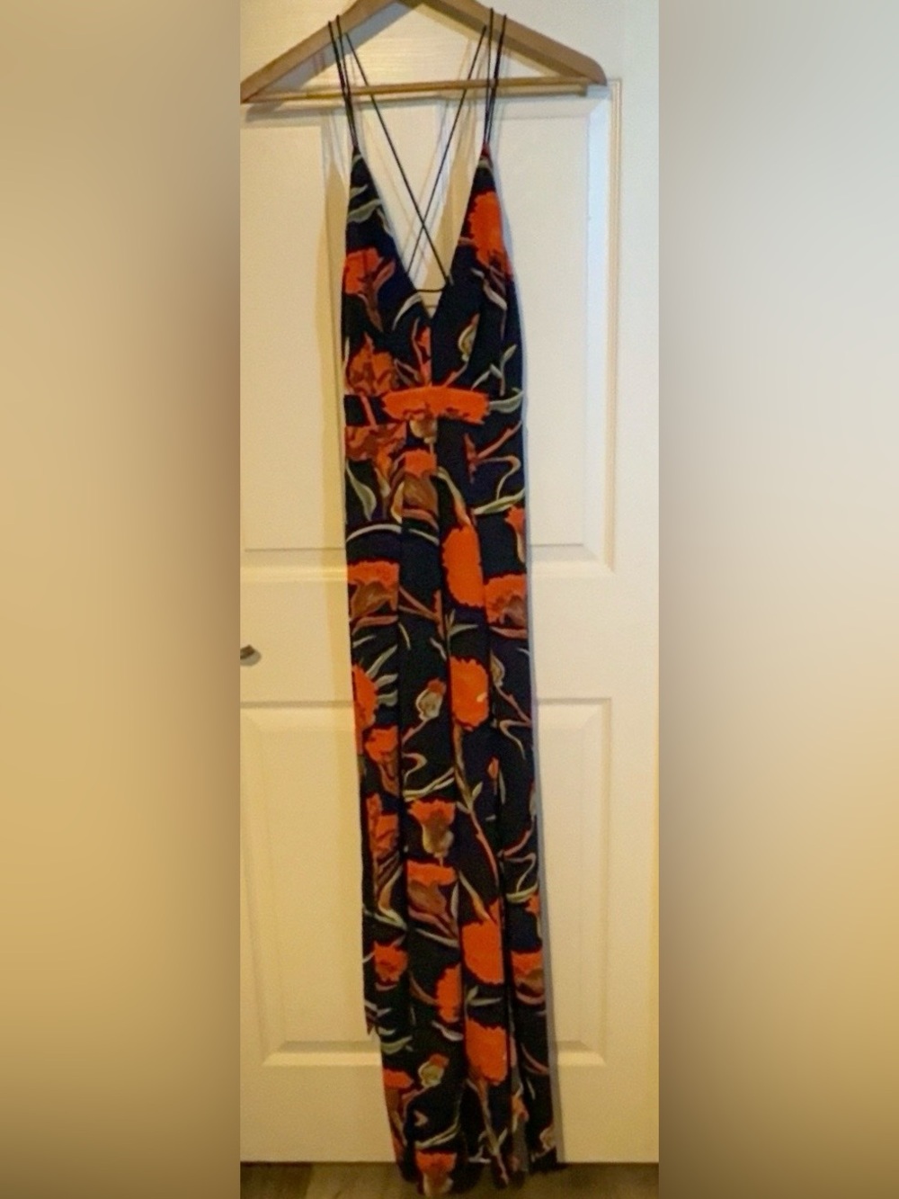 Navy & Orange Floral Wide-Leg Jumpsuit with Double Leg Slits